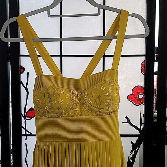 Anthropologie Anita Dongre Mustard Yellow Embroidered Pleated Cotton Dress. - Picture 4 of 14